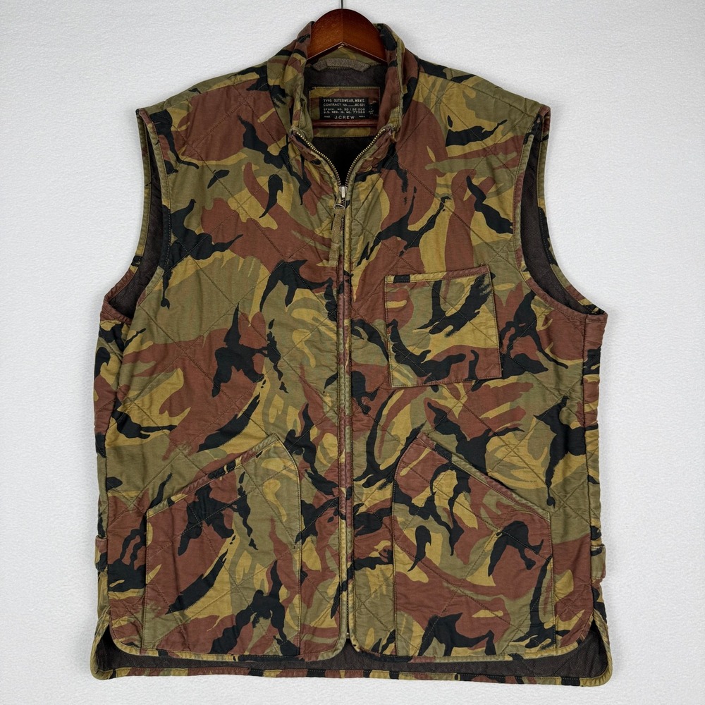 J.Crew Broadmoor Mens XL‎ Quilted Camo Vest Military Full Zip Brown Green 07158